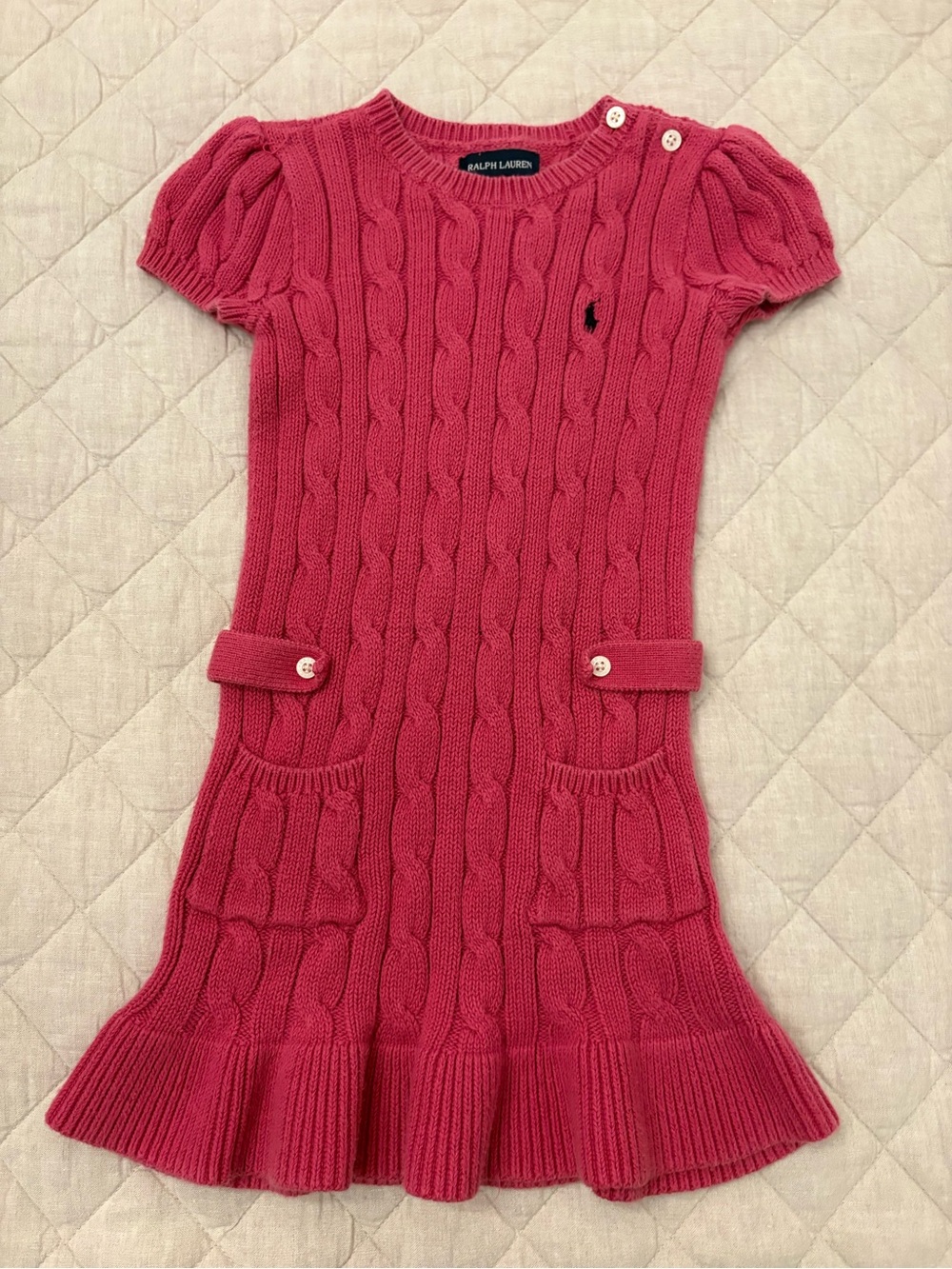 Ralph Lauren Hot Pink Cable Knit Puff Sleeve Dress